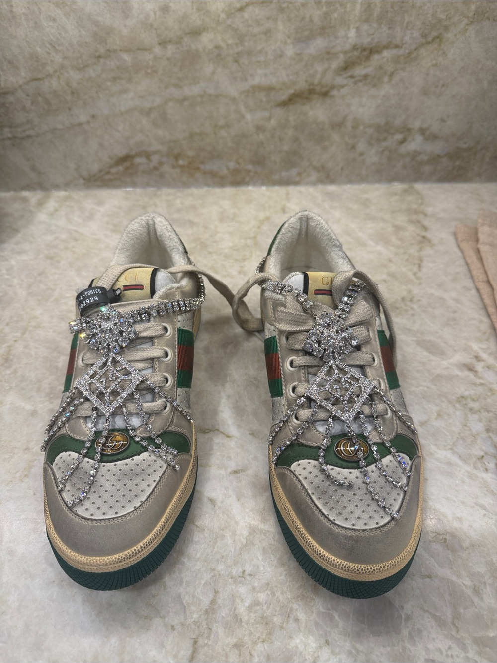 Gucci Crystal-Embellished Beige Sneakers with Green & Red Web